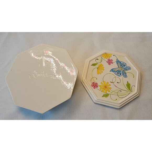 Ceramic Glazed Butterfly Octagon Ring/Jewelry Box/Trinket Box/Stash Box Artist S - Picture 8 of 11